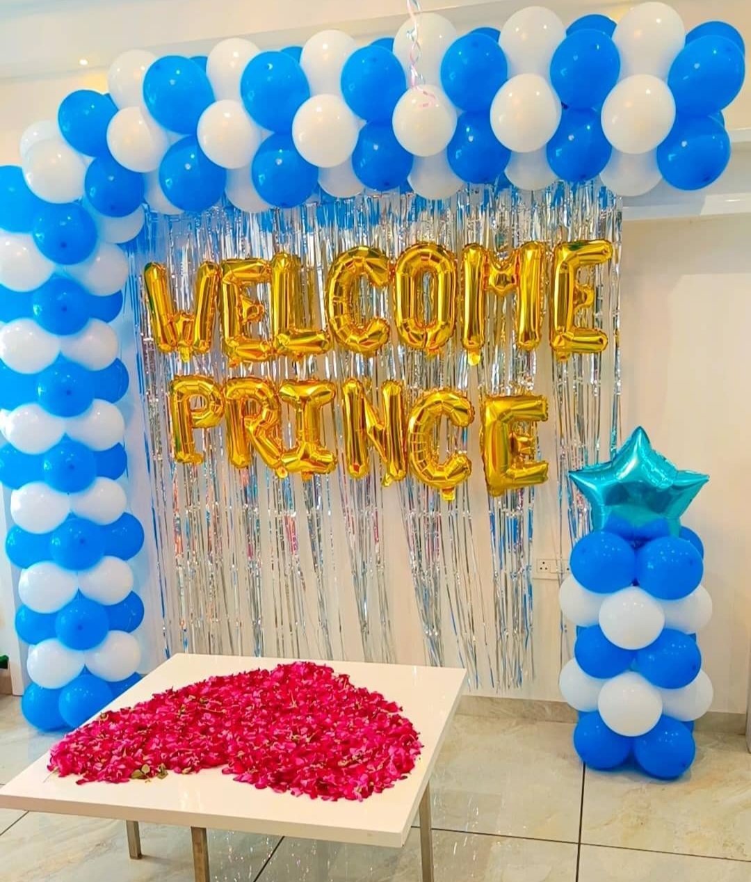 Blue white welcome decor