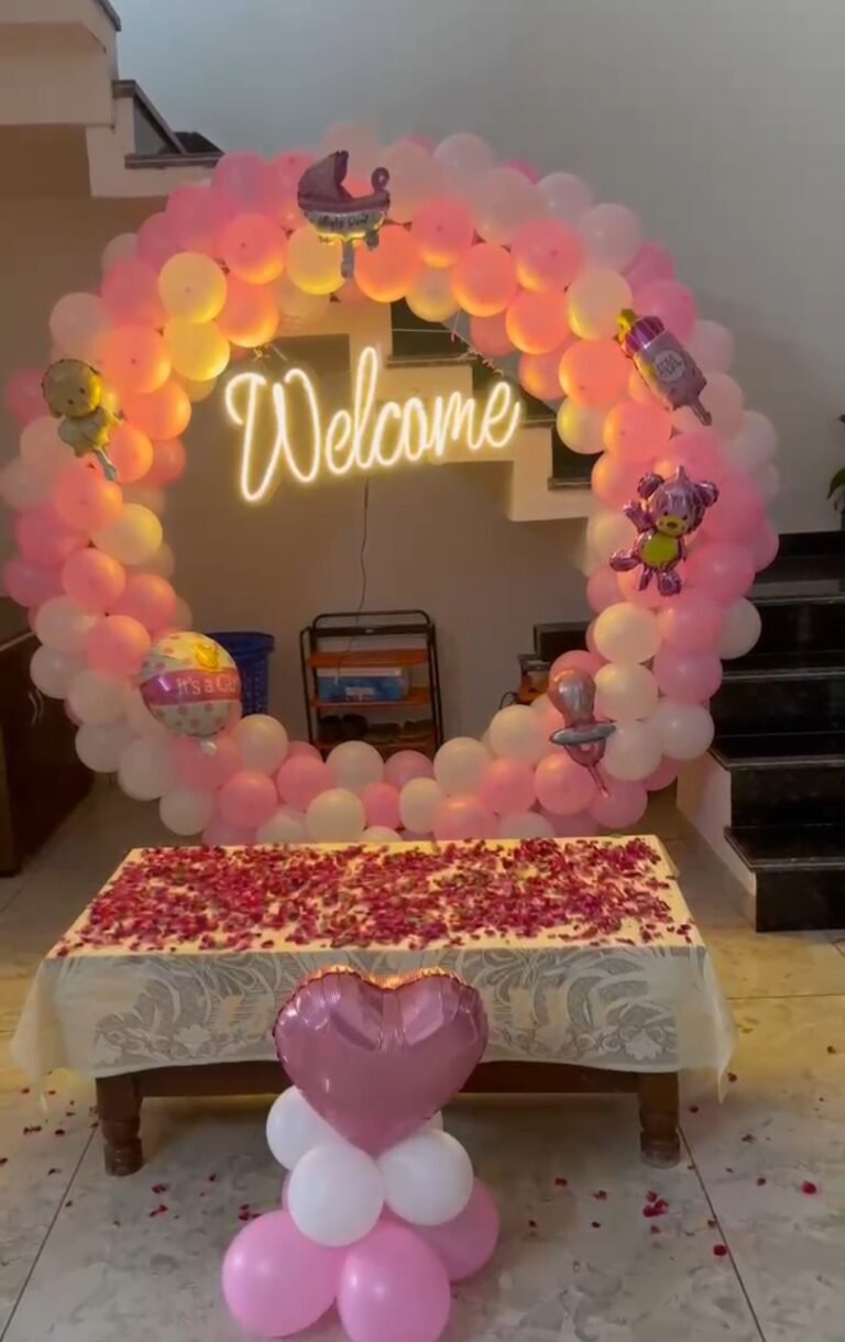 Welcome girl with table rose petals