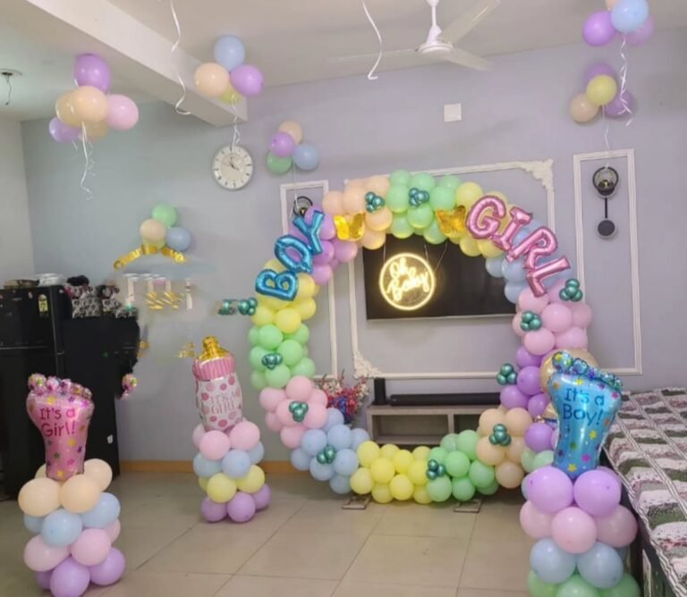 baby shower decoration with pillars in hall